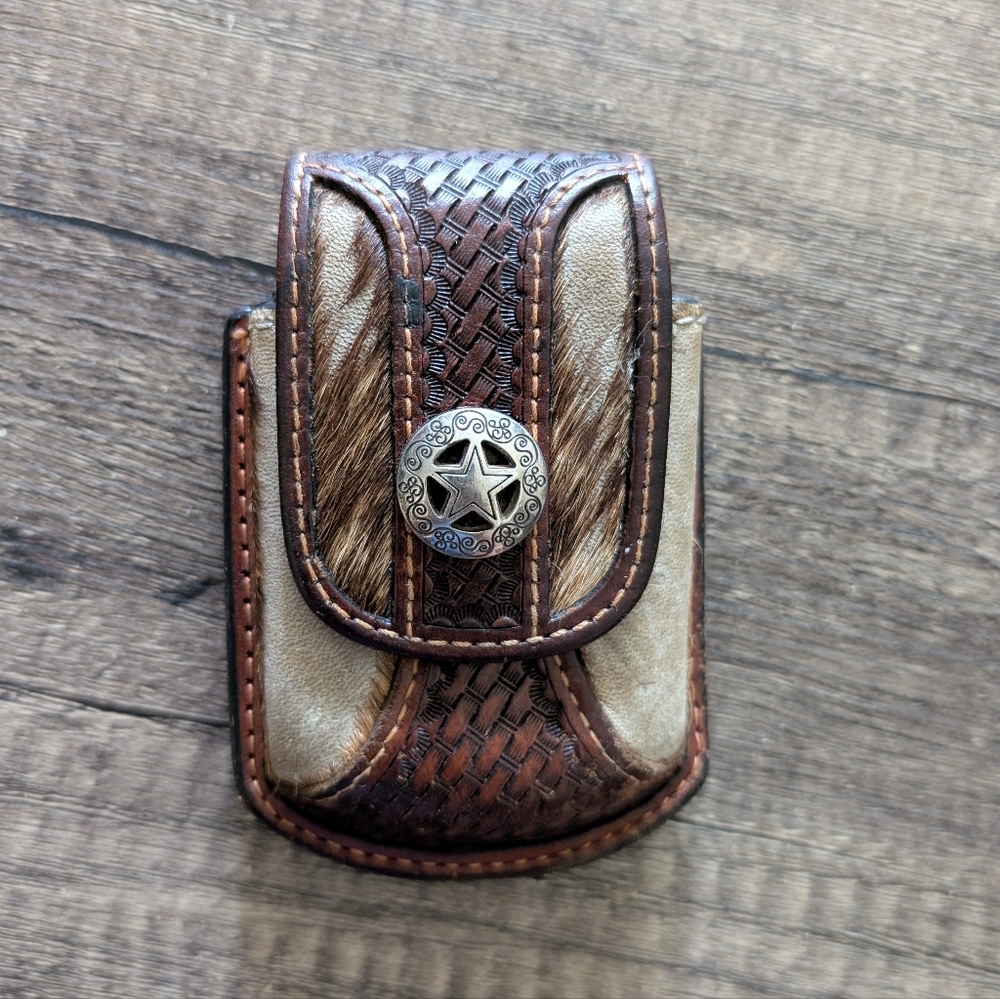 Vintage Genuine Handtooled Leather Metal Star Belt Clip Holder Pouch